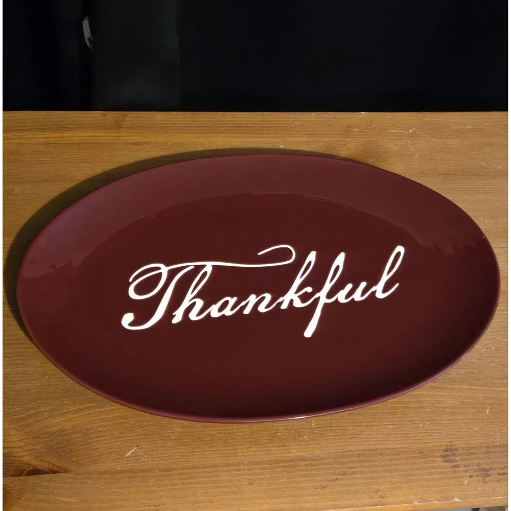 Crofton Lg Stoneware Burgundy Red Thanksgiving Thankful Serving Platter, 16 X 10